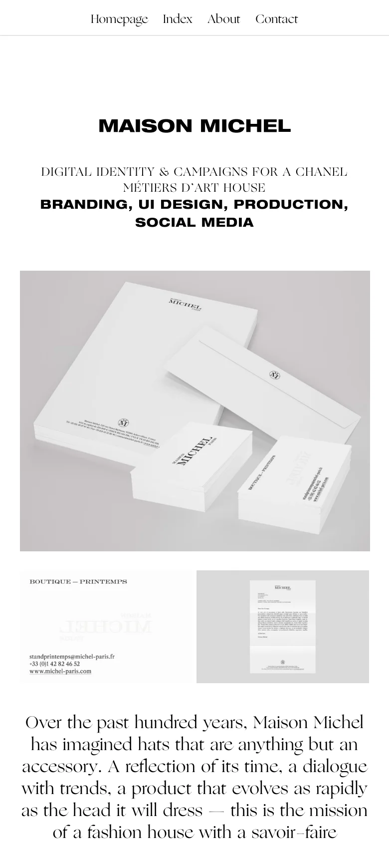 Mobile version of the Maison Michel portfolio page with a vertically stacked layout. The navigation links are condensed, and the text and imagery are scaled to fit a narrow screen, maintaining the clean, high-contrast aesthetic of the desktop design.