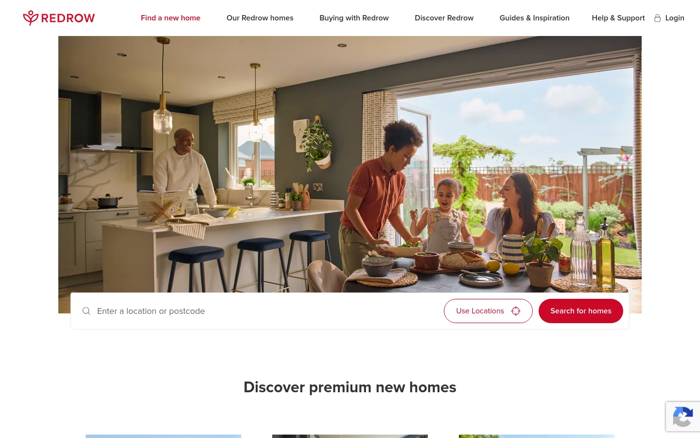 The Redrow homepage features a large hero image of a family enjoying a meal in a modern, bright kitchen and dining area. A white search bar overlay allows users to enter a location or postcode, with buttons for 'Use Locations' and 'Search for homes'. The navigation menu at the top includes links for finding homes, buying, and support, set against a clean white background.