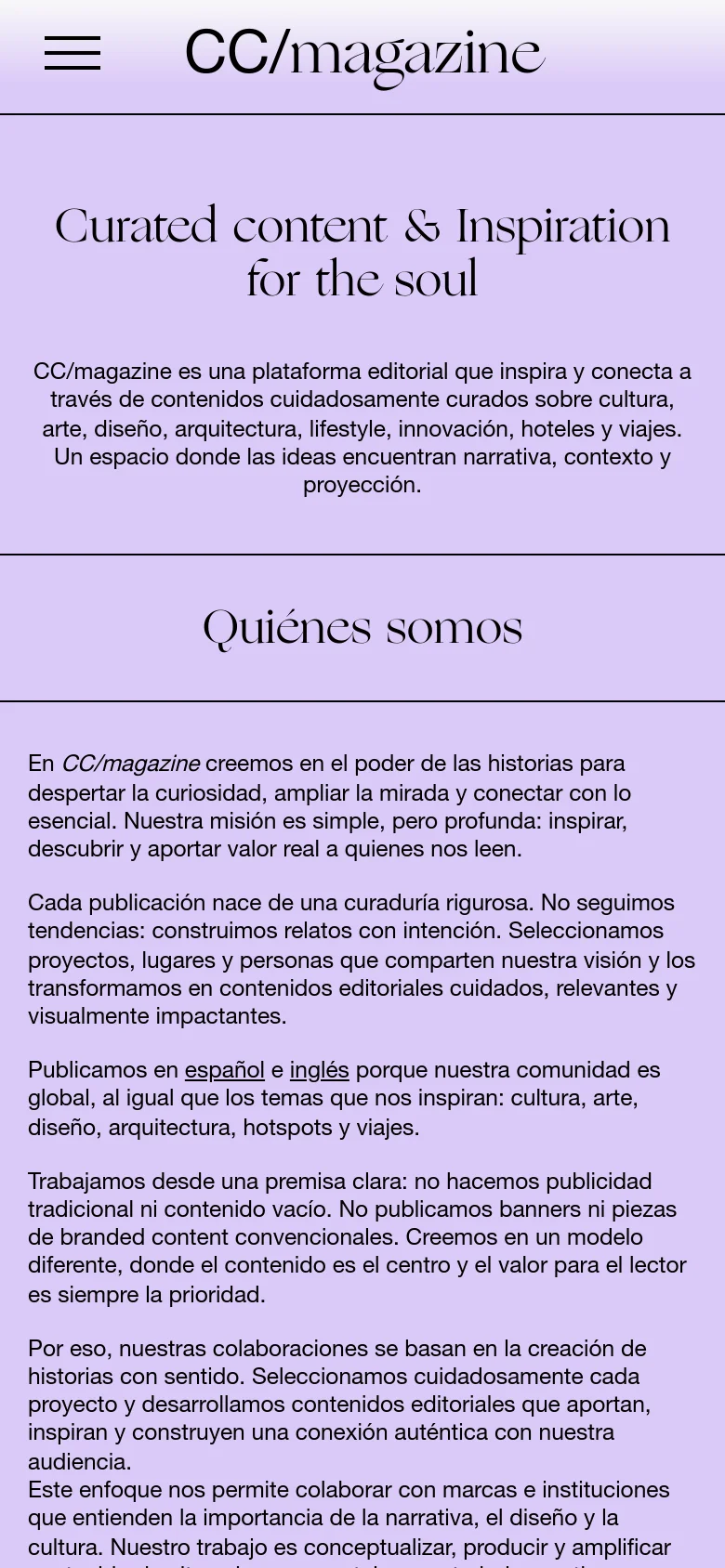 The mobile version maintains the lavender background and serif font but uses a single-column layout for readability. The top navigation is condensed into a hamburger menu next to the logo, and the text blocks under 'Quiénes somos' are stacked vertically instead of being side-by-side.