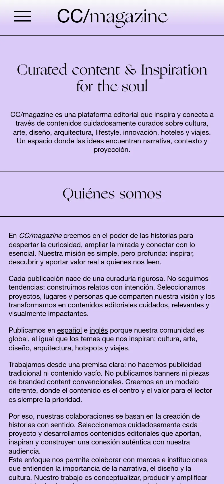 The mobile version maintains the lavender background and serif font but uses a single-column layout for readability. The top navigation is condensed into a hamburger menu next to the logo, and the text blocks under 'Quiénes somos' are stacked vertically instead of being side-by-side.