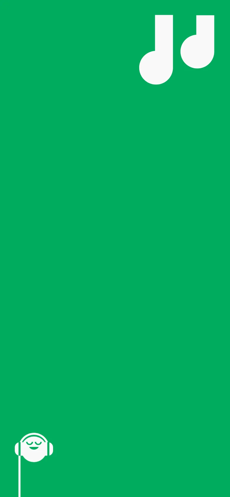 The mobile version maintains the same minimalist design with a solid green background and white musical note and headphone icons. The layout is vertically oriented, mirroring the desktop version's simple aesthetic.