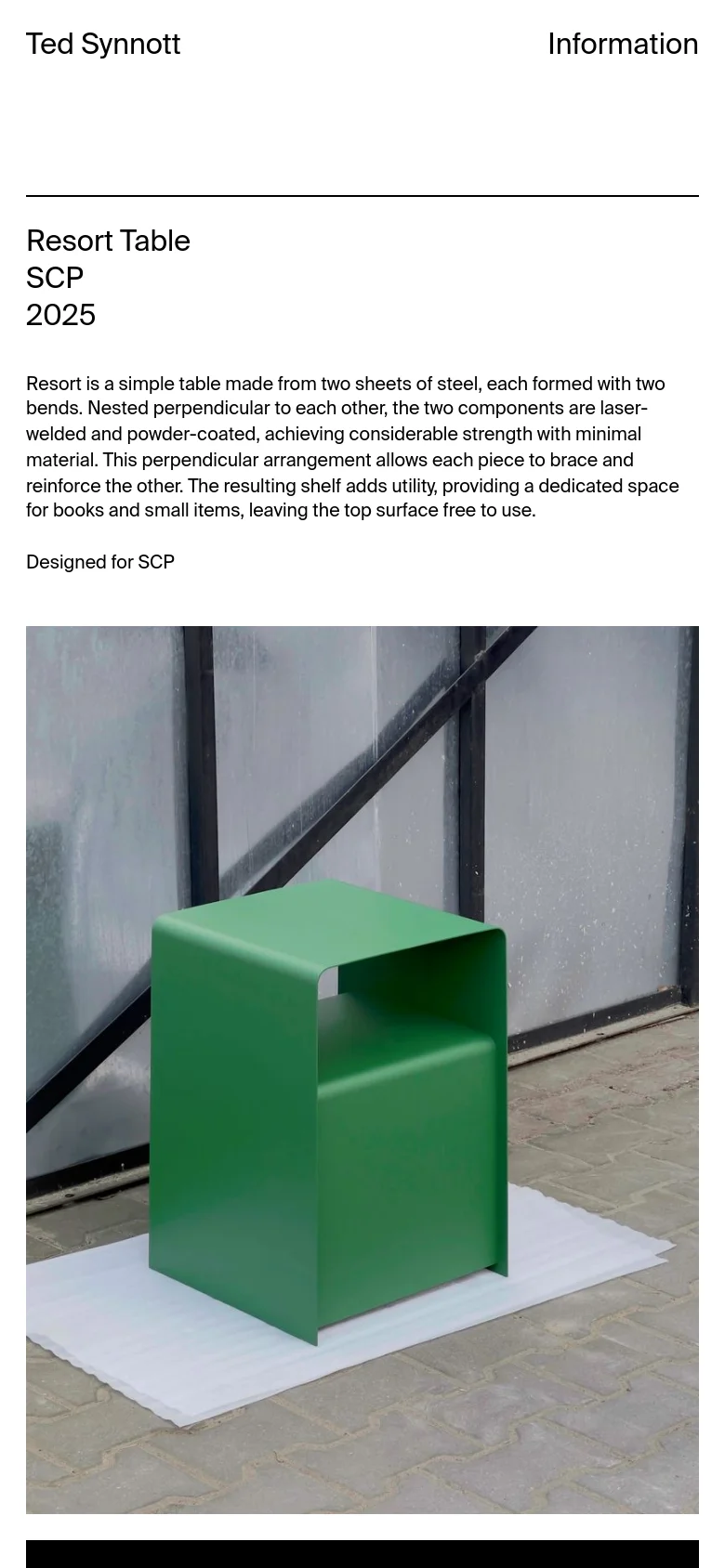 The mobile version presents a simplified single-column vertical layout. The project title and description are stacked above a large, full-width hero image of the green Resort Table. Navigation is condensed, focusing on a streamlined reading experience for the project details and imagery.