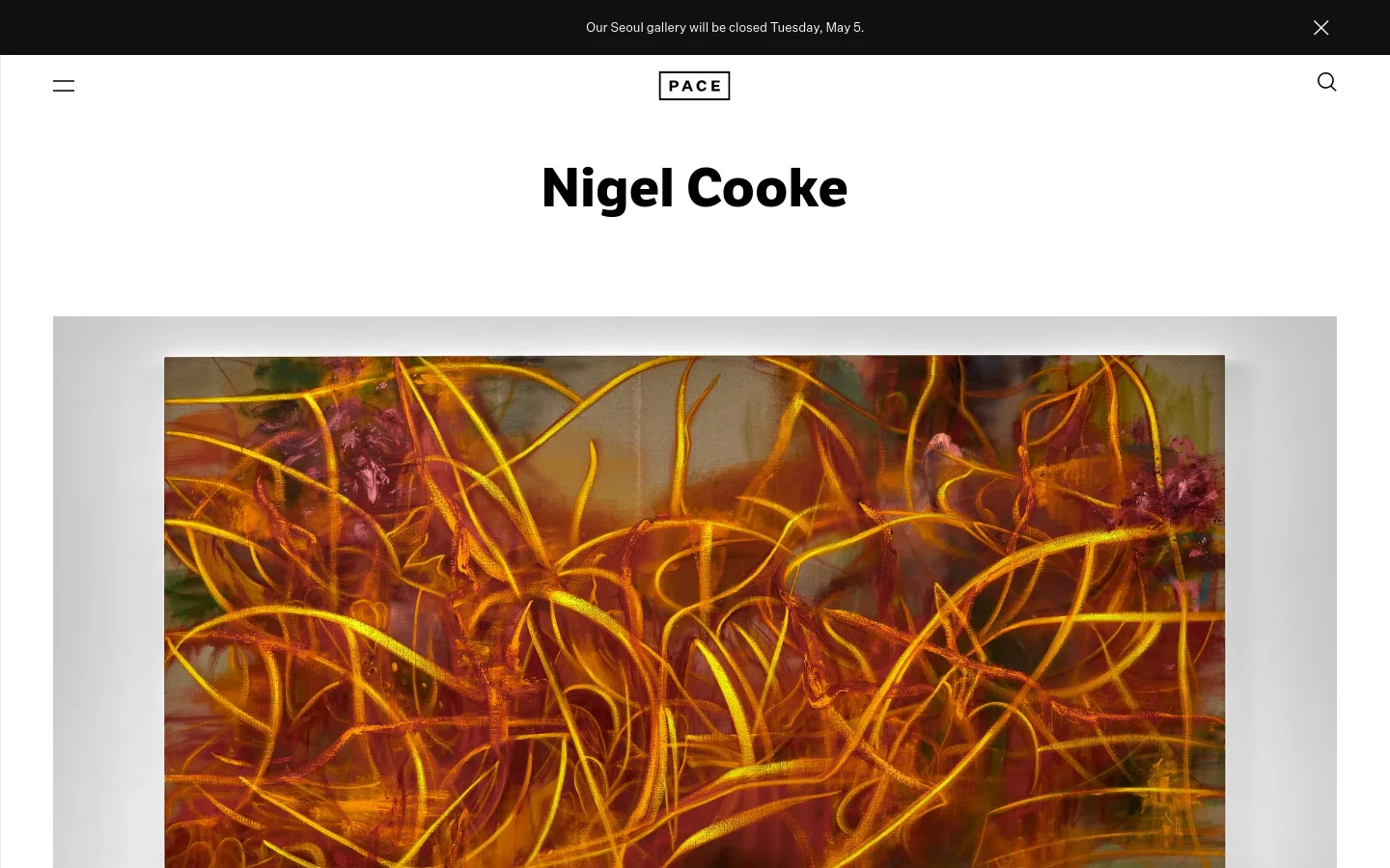 The desktop homepage features a minimalist white layout with the Pace Gallery logo at the top center and the artist's name, Nigel Cooke, in large bold black text. A large, vibrant abstract painting with swirling orange and yellow lines dominates the hero section, followed by a portrait of the artist and biographical text. Navigation links for Biography and Selected Works are visible below the header.