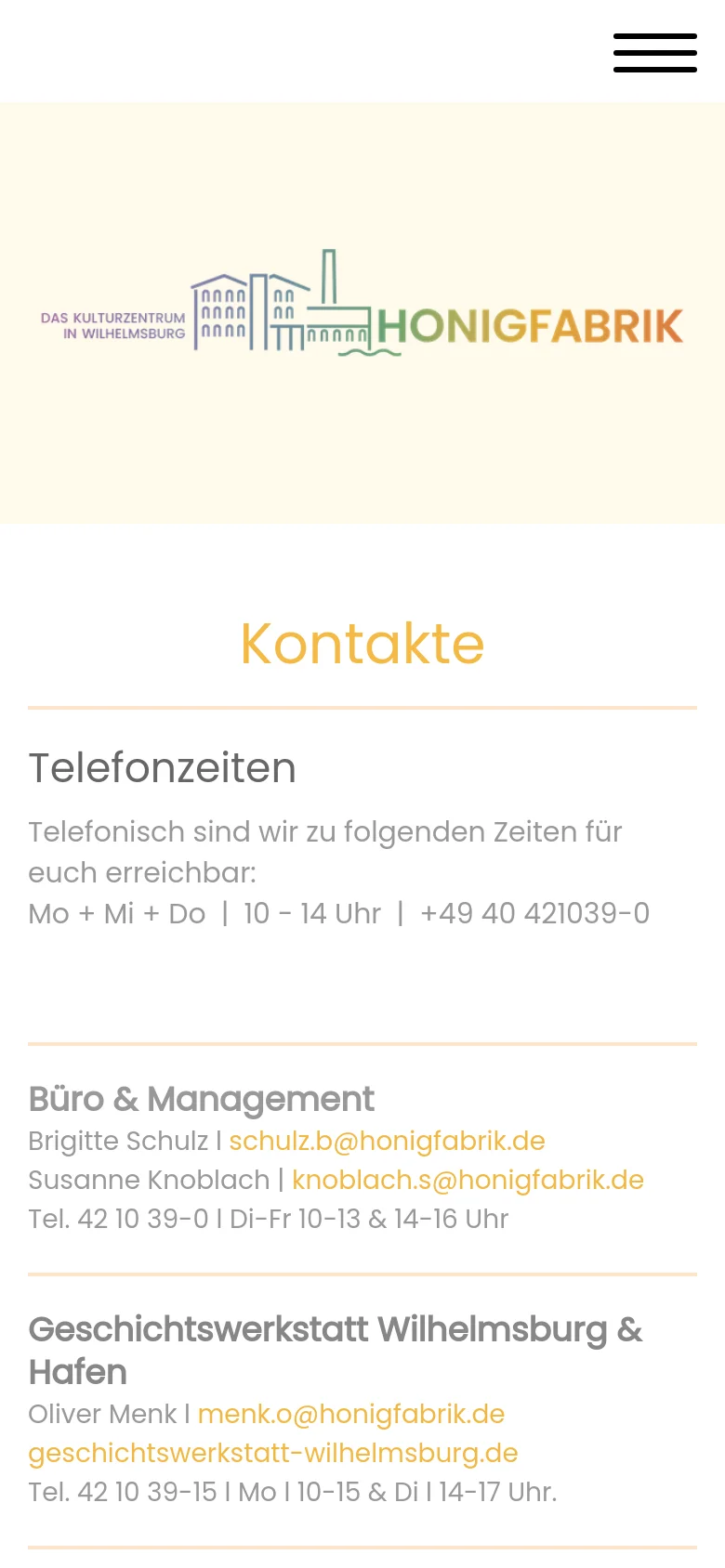 The mobile version presents a simplified layout with a centered logo at the top and a hamburger menu icon for navigation. The contact information is stacked vertically in a single column, maintaining the same cream and white color scheme and clear text hierarchy as the desktop version.