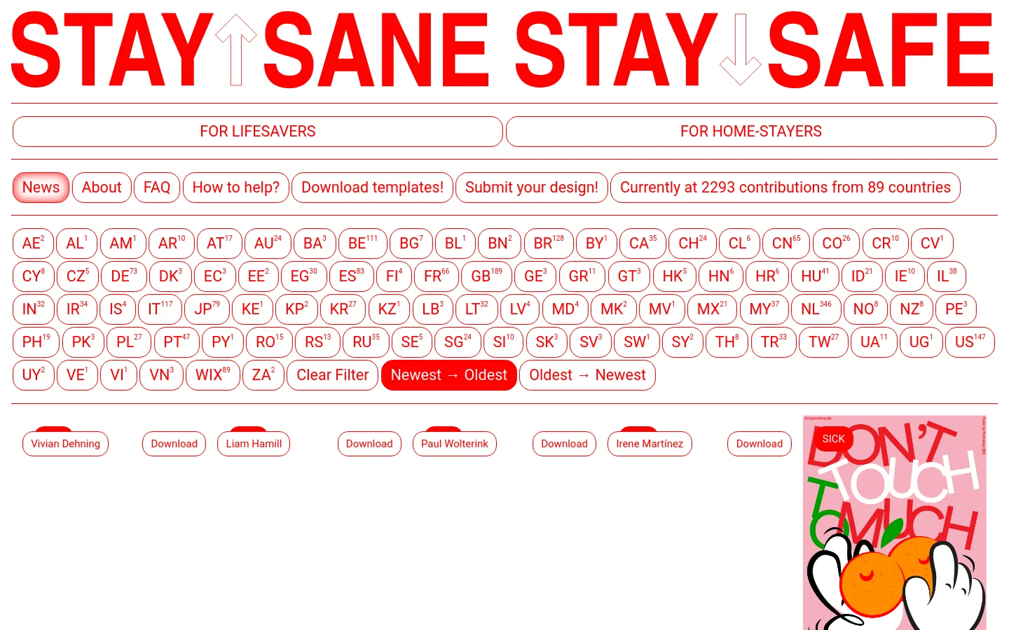 The desktop homepage features a large red title 'STAY SANE STAY SAFE' against a white background. Below the header are navigation buttons and a grid of small, red-outlined rectangular tags containing alphanumeric codes, followed by a gallery of vertical poster images with artist names and download links.