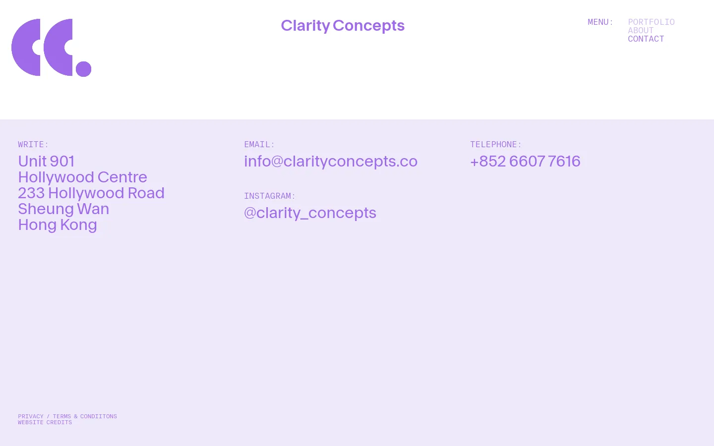 Clarity Concepts contact page featuring a minimalist lavender and deep purple palette. Contact details for address, email, Instagram, and telephone are arranged in a spacious, large-scale typographic grid with thin horizontal dividers.