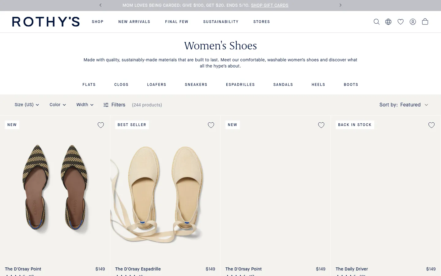 The desktop page for Women's Shoes features a clean, white layout with a centered headline and subtext. Below the introduction, a horizontal list of shoe categories like Flats and Clogs is followed by a grid of large, square promotional images for Women's Shoes, Bags, Kids, and Men's Shoes. A product grid displays individual shoes with pricing and titles against a light gray background.