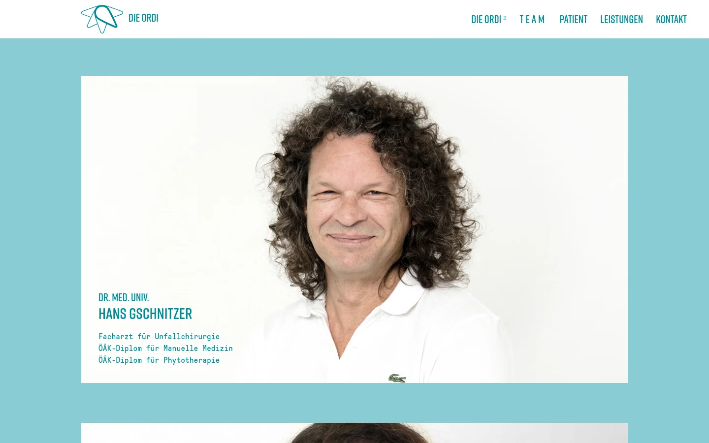 The desktop page features a light teal background with a white header containing the 'DIE ORDI' logo and navigation links. A large hero section displays a portrait of Dr. med. univ. Hans Gschnitzer against a white background, with his name and medical credentials listed in teal text to the left.