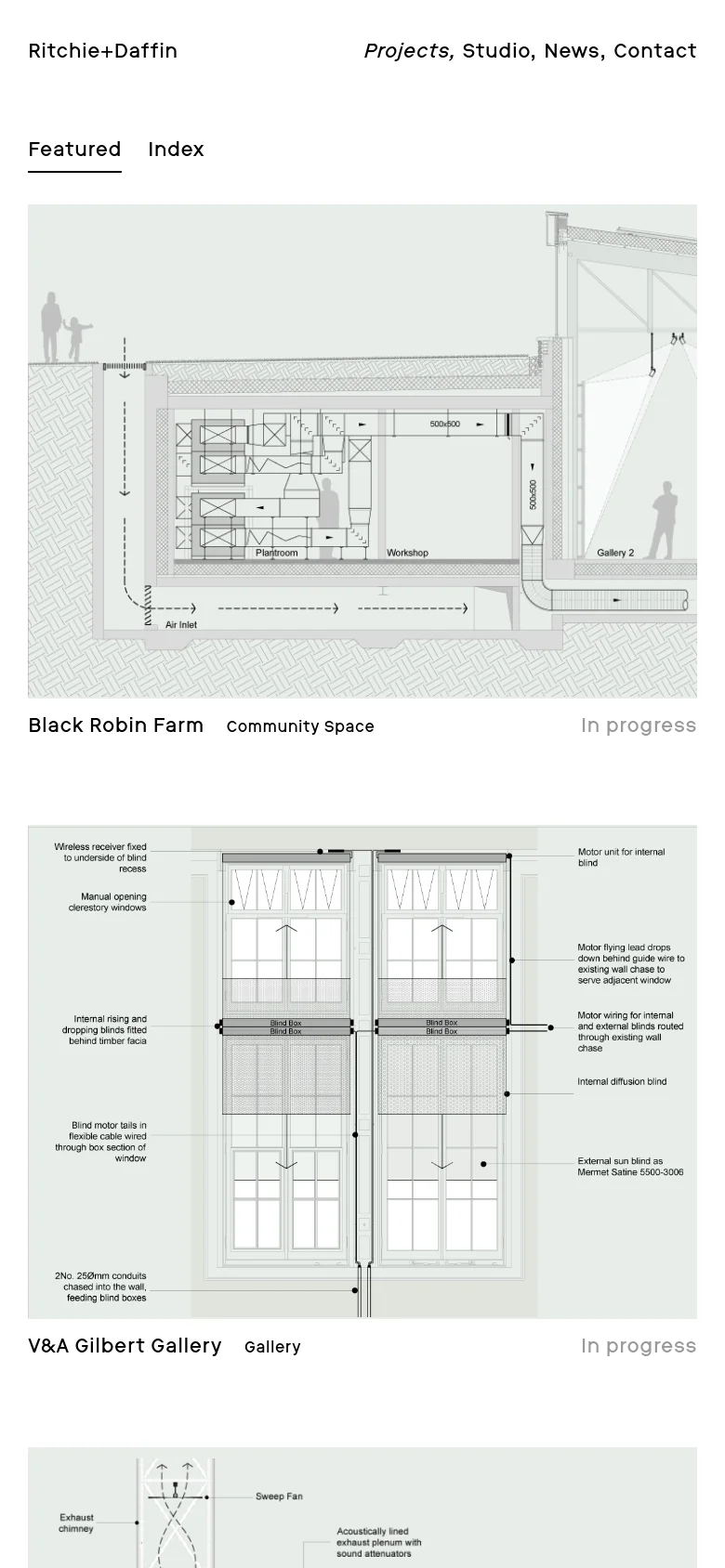 The mobile version maintains the minimalist white aesthetic but stacks the content vertically. The technical drawings and project details appear in a single column, making the grid layout a vertical list for easier scrolling on small screens.