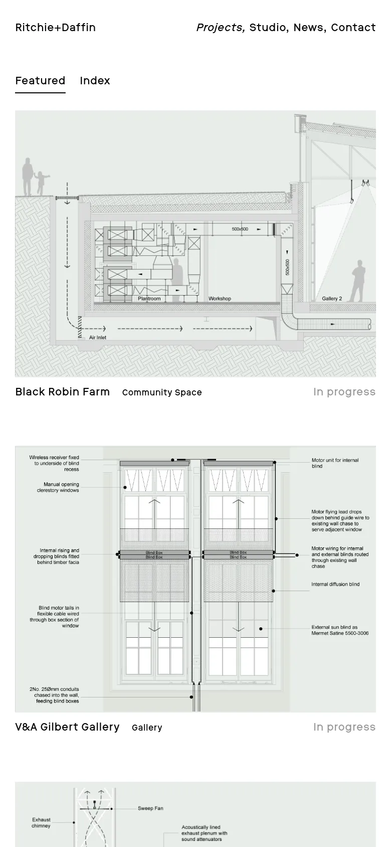 The mobile version maintains the minimalist white aesthetic but stacks the content vertically. The technical drawings and project details appear in a single column, making the grid layout a vertical list for easier scrolling on small screens.