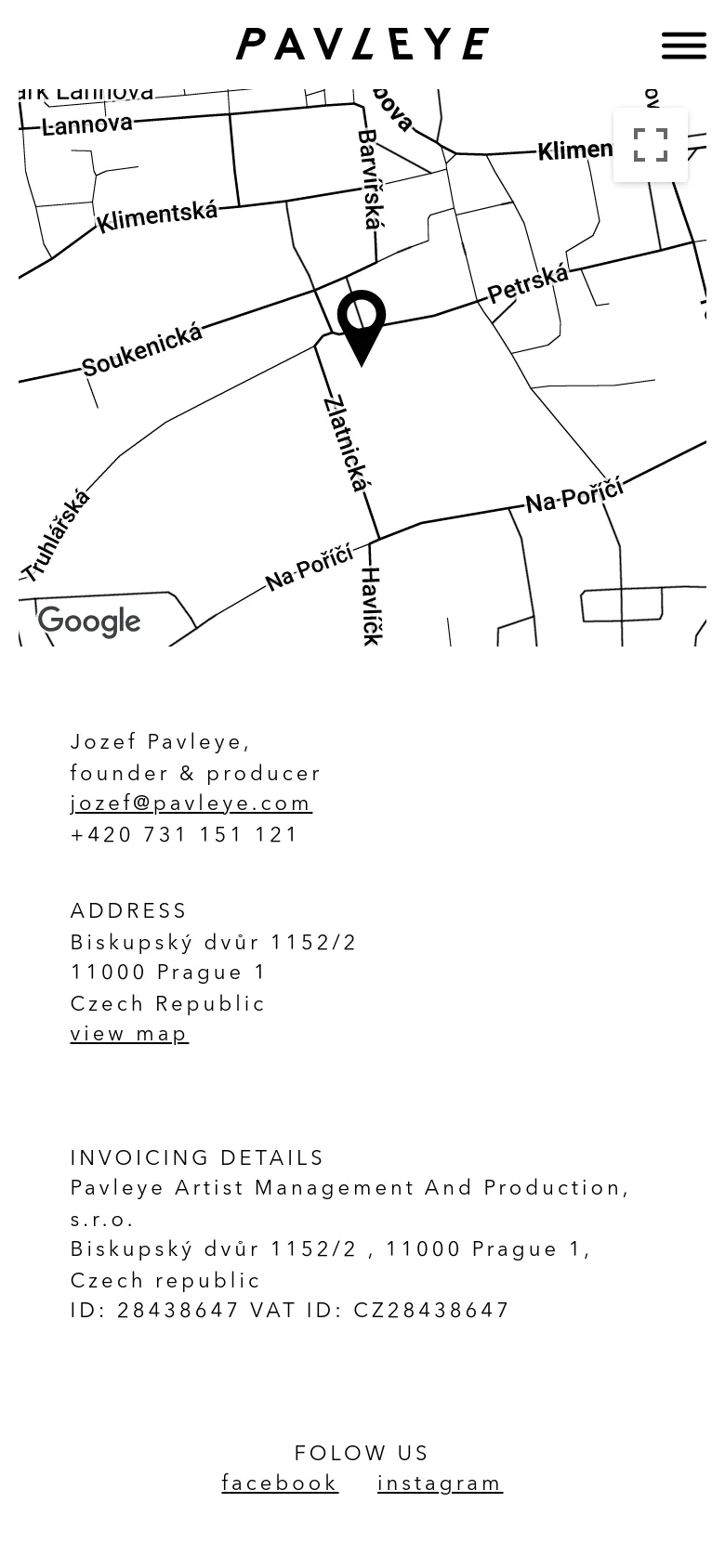 The mobile version maintains the minimalist black and white aesthetic, displaying a large map background with a hamburger menu icon in the top right. The contact details, including email, phone, address, and invoicing information, are stacked vertically below the map area for easier scrolling on a smaller screen.