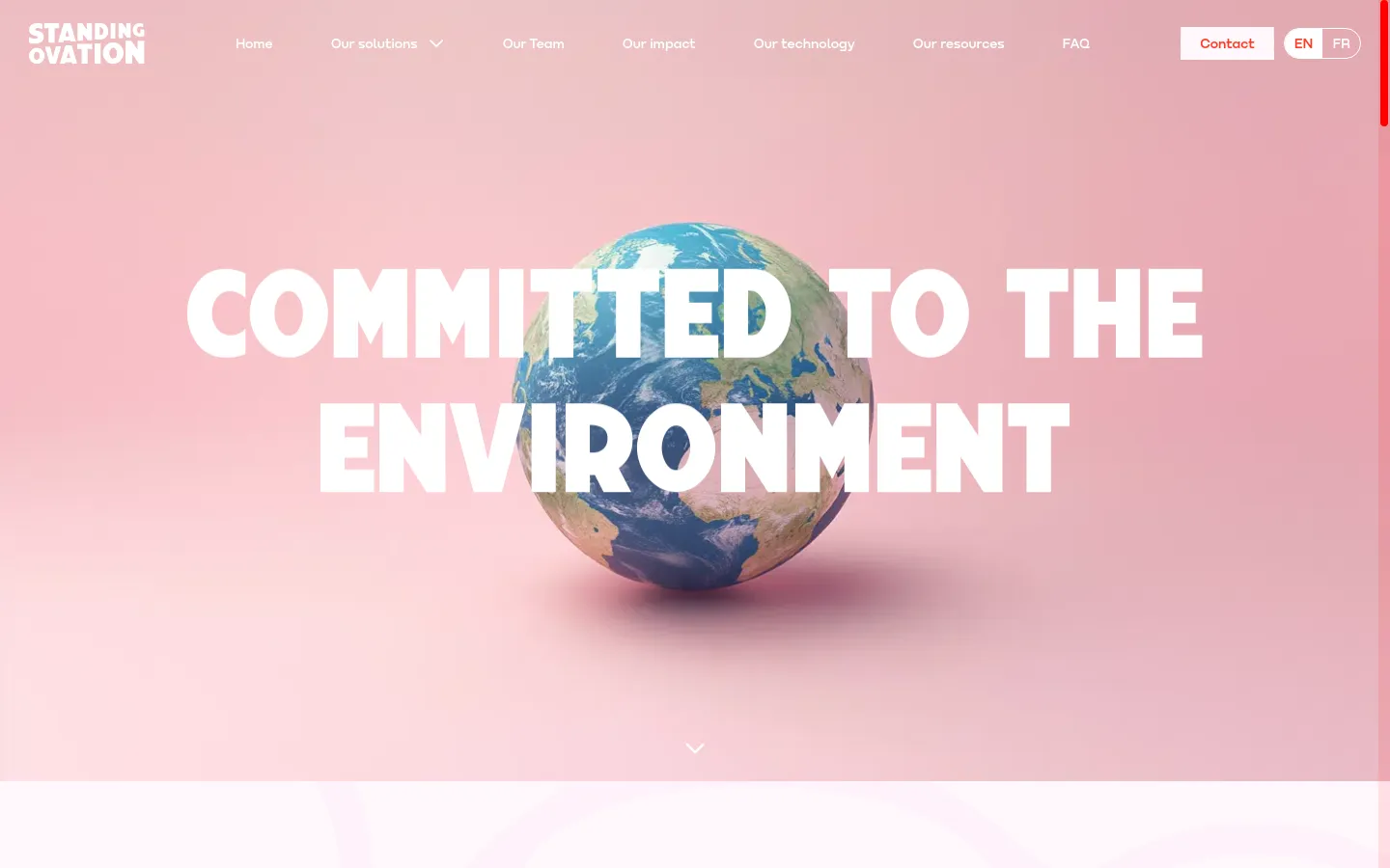 The desktop page features a large hero section with a pink background and a 3D globe centered behind the headline 'COMMITTED TO THE ENVIRONMENT' in bold white text. A navigation bar at the top includes links like 'Our solutions' and 'Our impact', alongside a 'Contact' button and language selectors. The layout is spacious with a clean, modern aesthetic.