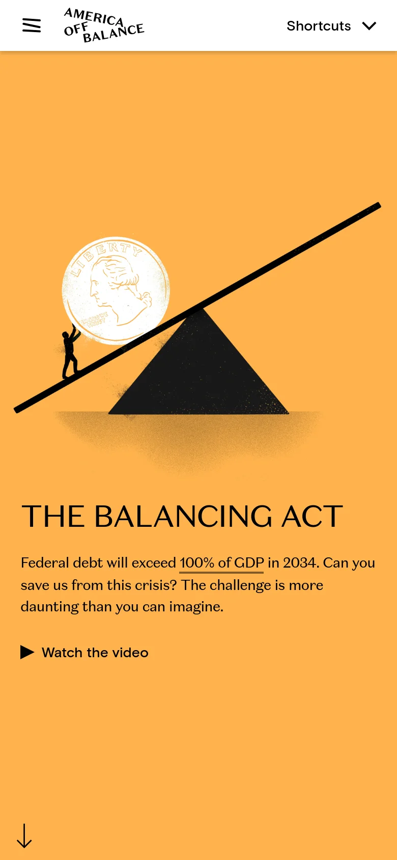The mobile version of the page features a vertical layout with the teeter-totter illustration positioned above the main headline. The text 'THE BALANCING ACT' and the description of the debt crisis are centered below the image. A hamburger menu icon and a 'Shortcuts' dropdown are visible in the top navigation bar.