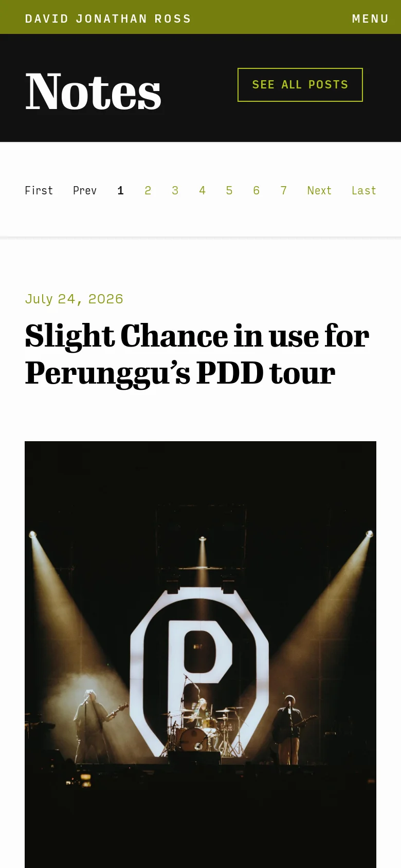 The mobile version maintains the black header with the 'Notes' title and 'See All Posts' button, but replaces the desktop navigation with a 'MENU' label. The layout becomes a single-column vertical stack, showing the pagination, the post date, and the large headline followed by the stage photography.