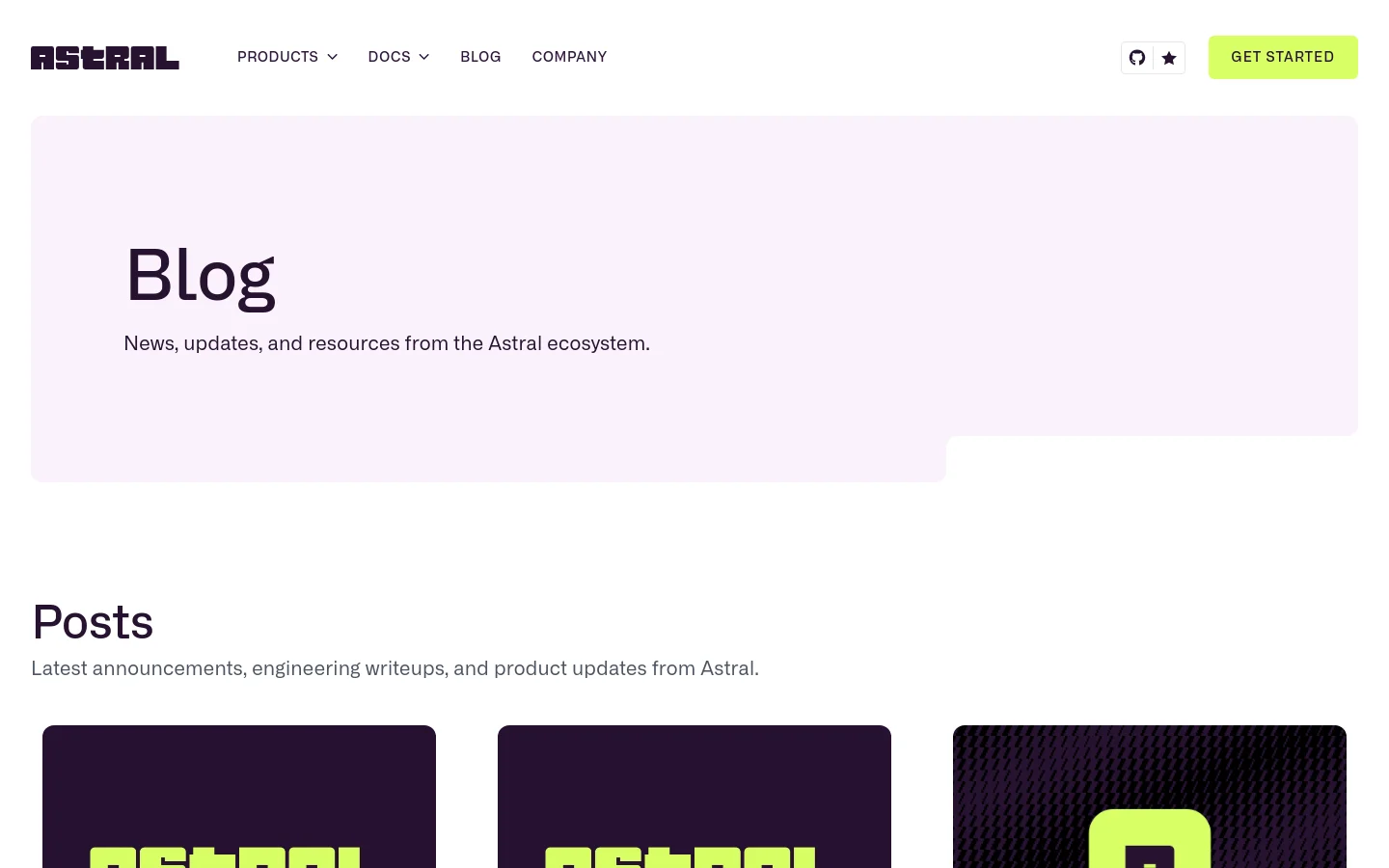 The Astral blog page features a clean, minimalist design with a light pink hero section containing the large headline 'Blog' and a brief description. Below, a 'Posts' section introduces a grid of blog articles, starting with a large featured card for an engineering post. The navigation bar at the top includes the Astral logo, links for Products, Docs, Blog, and Company, a GitHub icon, and a yellow 'Get Started' button.