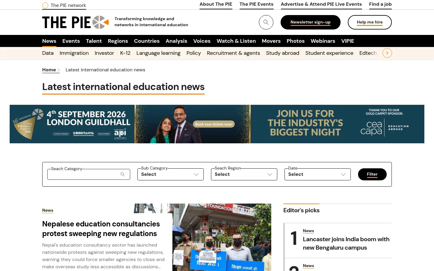 The desktop News page features a white background with a prominent headline reading 'Latest international education news' underlined in orange. A large horizontal banner advertisement for The PIEoneer Awards sits above a row of four dropdown filter menus for category, sub-category, region, and date. Below the filters, news articles are displayed in a multi-column layout with large feature images and headlines.