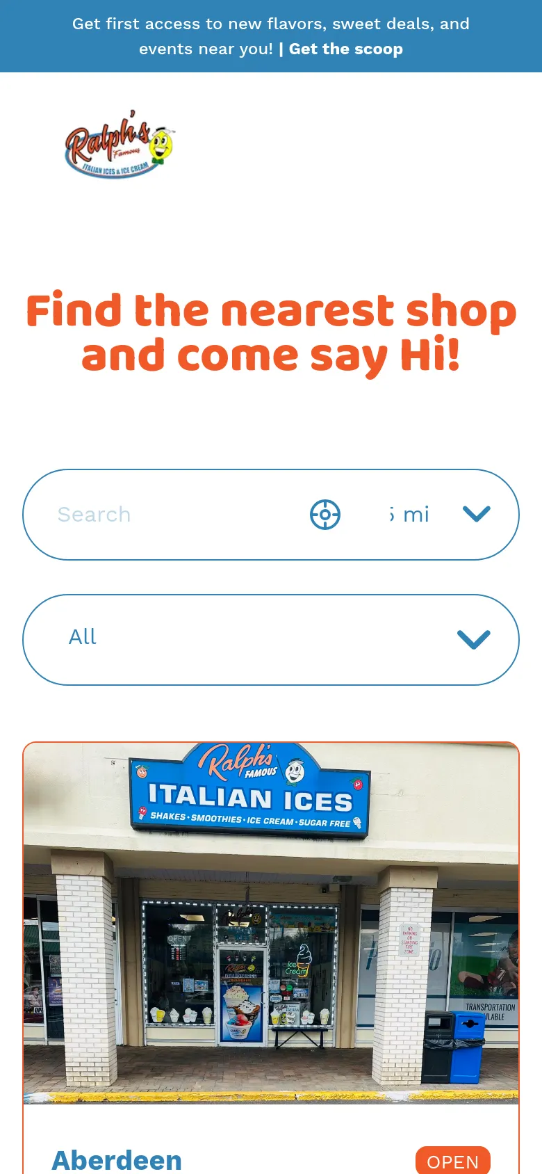 The mobile version presents a simplified vertical layout with the same orange headline and search tools. The location cards are stacked vertically instead of in a grid, showing a large storefront image followed by the location details like Aberdeen, Asbury, and Astoria.