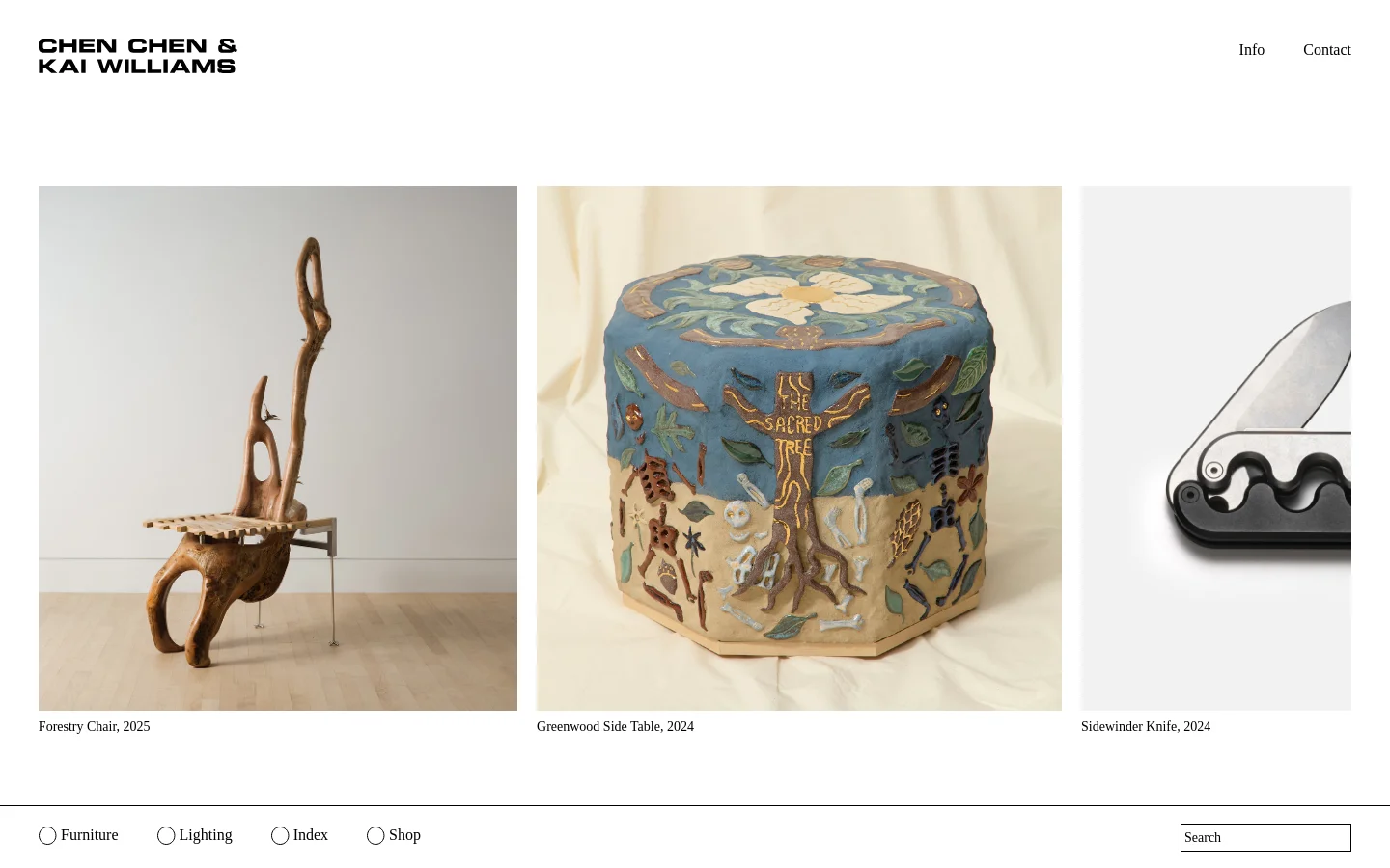 The Chen Chen & Kai Williams homepage features a minimalist white layout with a large header containing the studio name. A grid of high-quality product images showcases various design objects like the Modern Forestry Chair and Greenwood Side Table, each accompanied by a text caption below. A navigation footer includes links for Furniture, Lighting, Index, and Shop, along with a Search option.