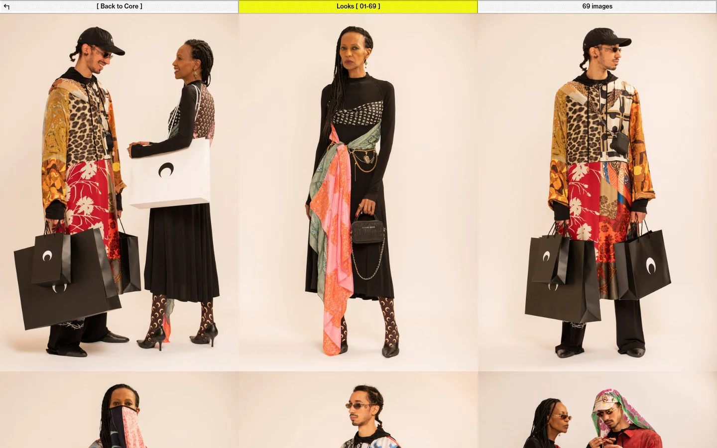 The desktop page features a minimalist white and yellow header with navigation links and a count of 69 images. Below, a grid layout displays large, high-fashion editorial photographs of models wearing patterned silk clothing against a neutral beige background.