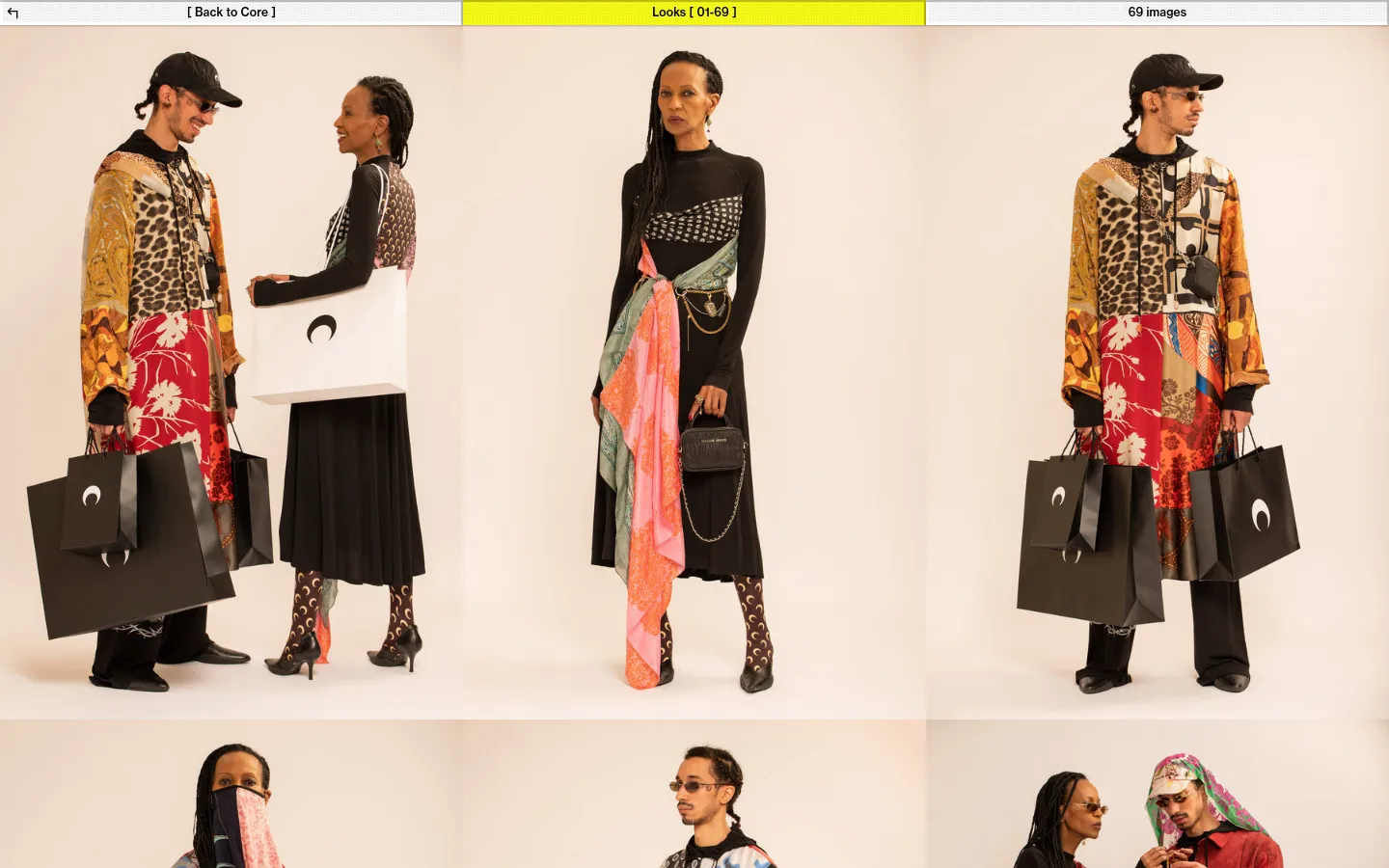 The desktop page features a minimalist white and yellow header with navigation links and a count of 69 images. Below, a grid layout displays large, high-fashion editorial photographs of models wearing patterned silk clothing against a neutral beige background.