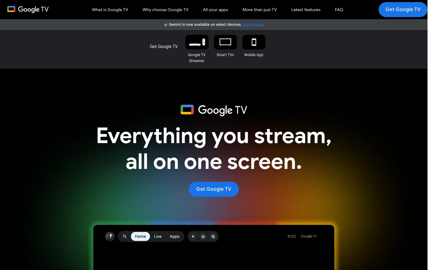 The Google TV homepage features a dark theme with a large central headline reading 'Everything you stream, all on one screen.' A blue 'Get Google TV' button sits below the text, above a glowing television screen interface. The desktop layout includes a top navigation bar with links like 'What is Google TV' and 'FAQ,' and a sub-navigation section with icons for Google TV Streamer, Smart TVs, and Mobile App.