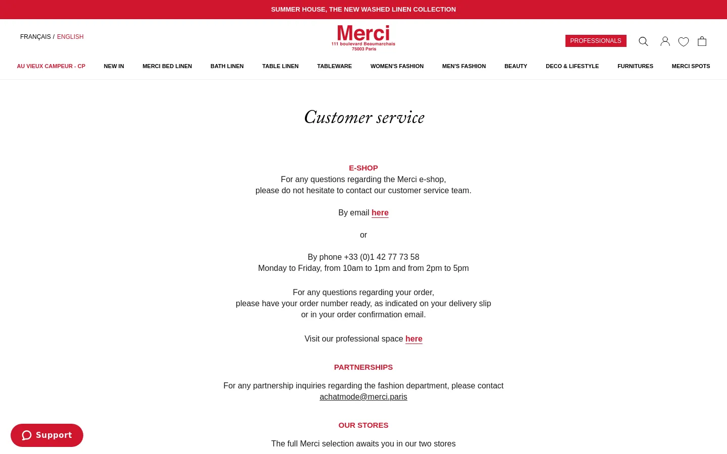 The desktop Customer Service page features a minimalist white layout with black serif text and a red announcement banner at the top. The content is centered, providing contact details for the e-shop via email and phone, partnership information, and store locations. A red 'Support' button is fixed to the bottom left of the screen.