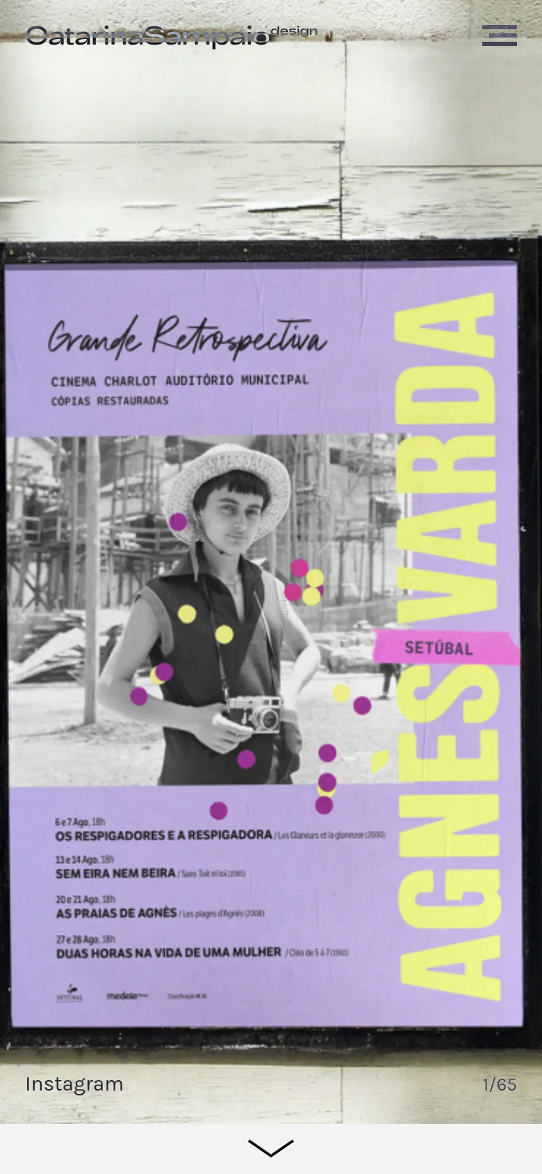 The mobile version maintains the minimalist aesthetic but simplifies the layout. The header features the brand name and a hamburger menu icon on the right. The hero section focuses on a single, large poster image of the Agnès Varda retrospective, and the bottom navigation is condensed with an Instagram link and a page counter.