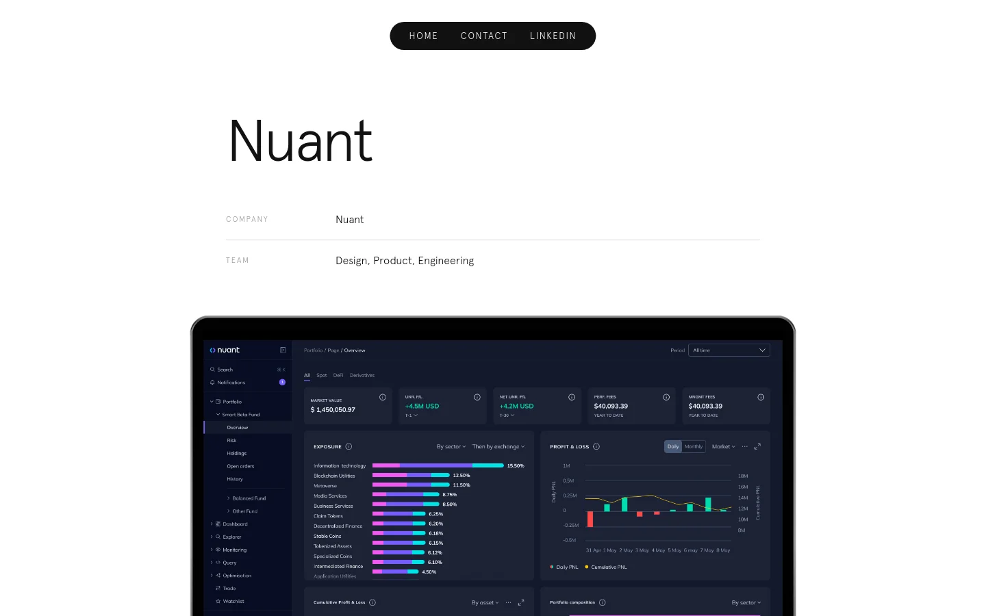 A portfolio case study page for Nuant featuring a large, clean headline and project details on a white background. A dark-themed laptop mockup displays a complex crypto dashboard with colorful data visualizations, including bar charts and line graphs, against a dark navy interface.