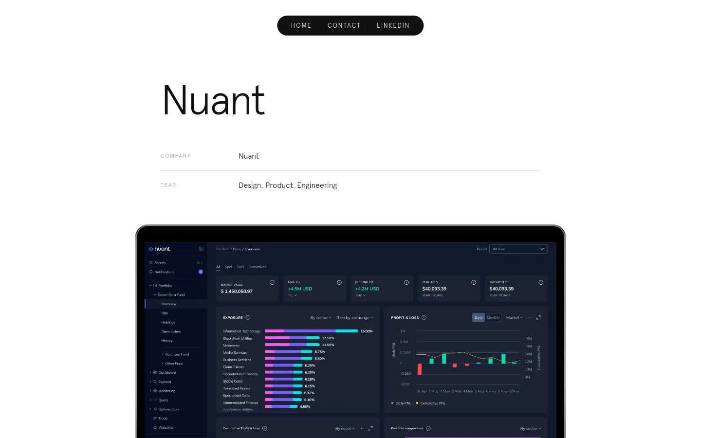 A portfolio case study page for Nuant featuring a large, clean headline and project details on a white background. A dark-themed laptop mockup displays a complex crypto dashboard with colorful data visualizations, including bar charts and line graphs, against a dark navy interface.