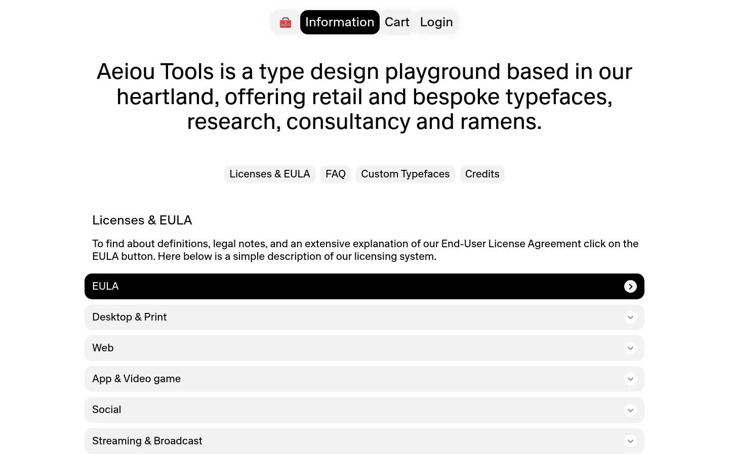 The desktop version features a minimalist white background with black text and a centered layout. A large headline introduces the type foundry, followed by a horizontal row of navigation buttons for Licenses, FAQ, Custom Typefaces, and Credits. Below, an accordion-style list displays licensing categories like EULA, Desktop & Print, and Web.
