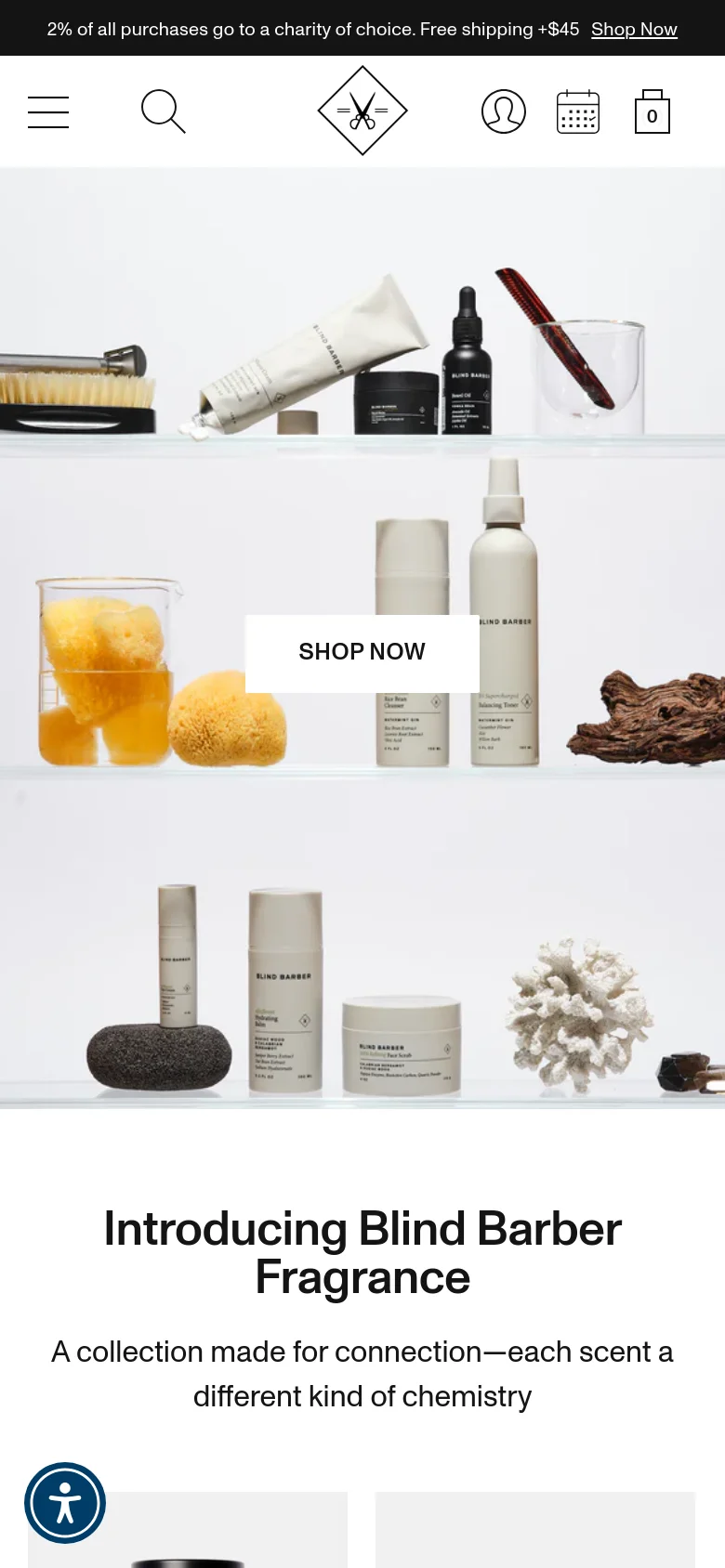 The mobile version uses a condensed layout with a hamburger menu, search icon, and account/cart icons in a top header bar. The hero image of grooming products remains prominent with a centered 'SHOP NOW' button, followed by a large, centered headline introducing the fragrance collection on a white background.