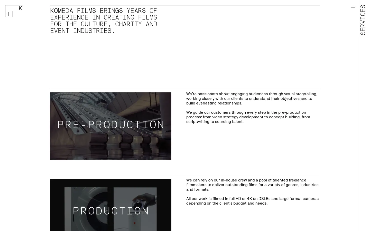The desktop page features a minimalist white background with black typography. A large headline introduces the company's experience, followed by alternating sections of large cinematic images with overlaid text (Pre-Production, Production) and descriptive text blocks to the right.