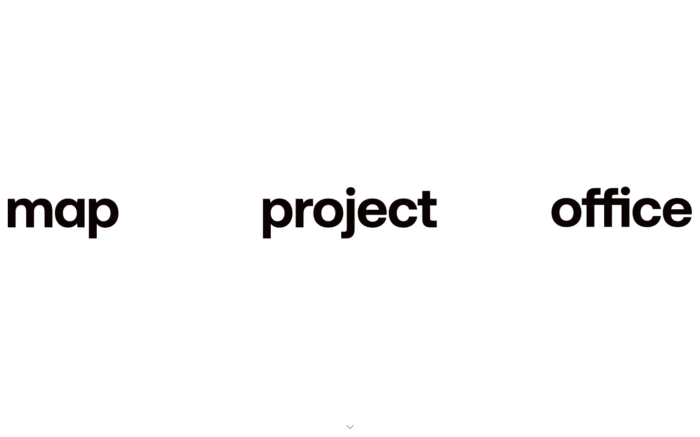The Map Project Office homepage features a minimalist white background with a large black logo at the top. A video showreel plays in the center, followed by a vertical scroll of project entries including IBM Quantum System Two, Father Sonic Heirloom, Sky Glass, and Smart Aid Kit, each presented with a large image, bold headings, and descriptive text.