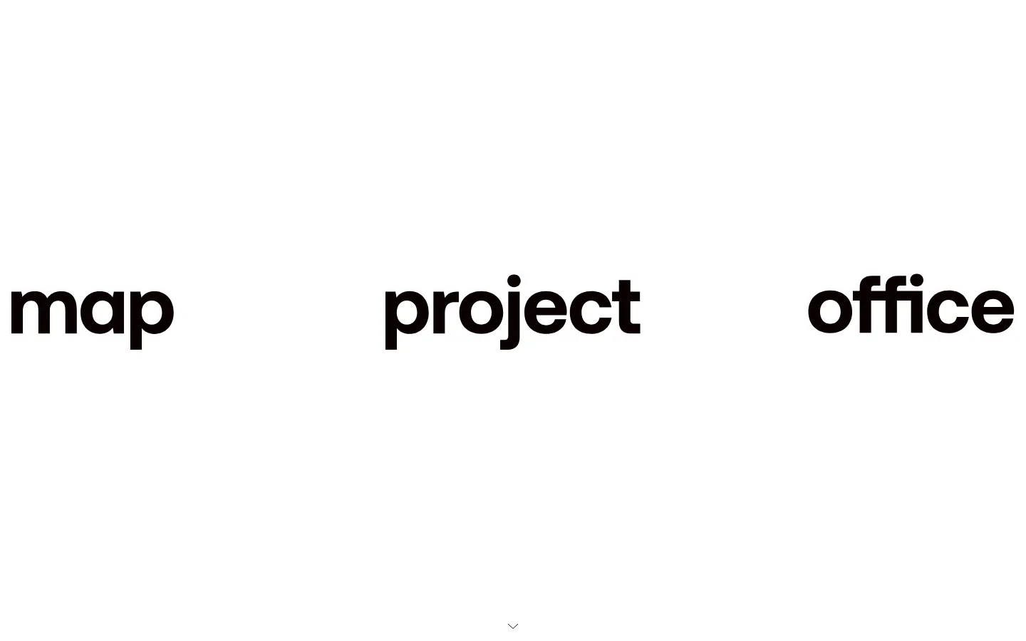 The Map Project Office homepage features a minimalist white background with a large black logo at the top. A video showreel plays in the center, followed by a vertical scroll of project entries including IBM Quantum System Two, Father Sonic Heirloom, Sky Glass, and Smart Aid Kit, each presented with a large image, bold headings, and descriptive text.