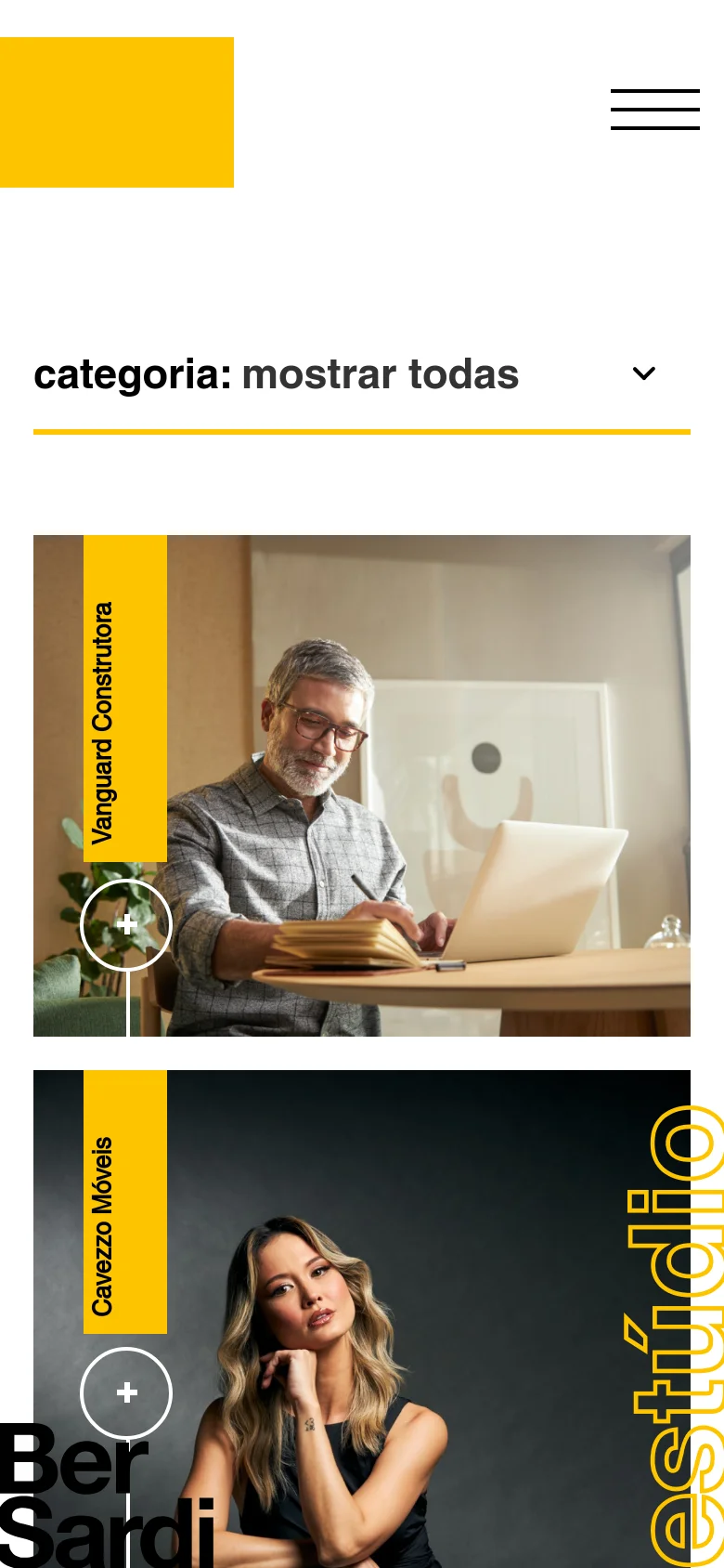 The mobile version presents a simplified layout with a large hamburger menu icon at the top right. The category selection is prominent with a large dropdown menu, and the project images are stacked vertically in a single column, filling the width of the screen.