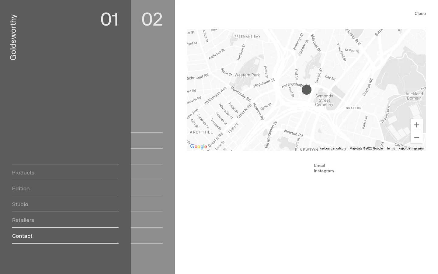 The Contact page features a minimalist dark gray sidebar on the left with the brand name 'Goldsworthy' and navigation links including Products, Edition, Studio, Retailers, and Contact. The main content area displays a large, light-colored Google Map covering the right side of the screen. A 'Close' button is located in the top right corner.