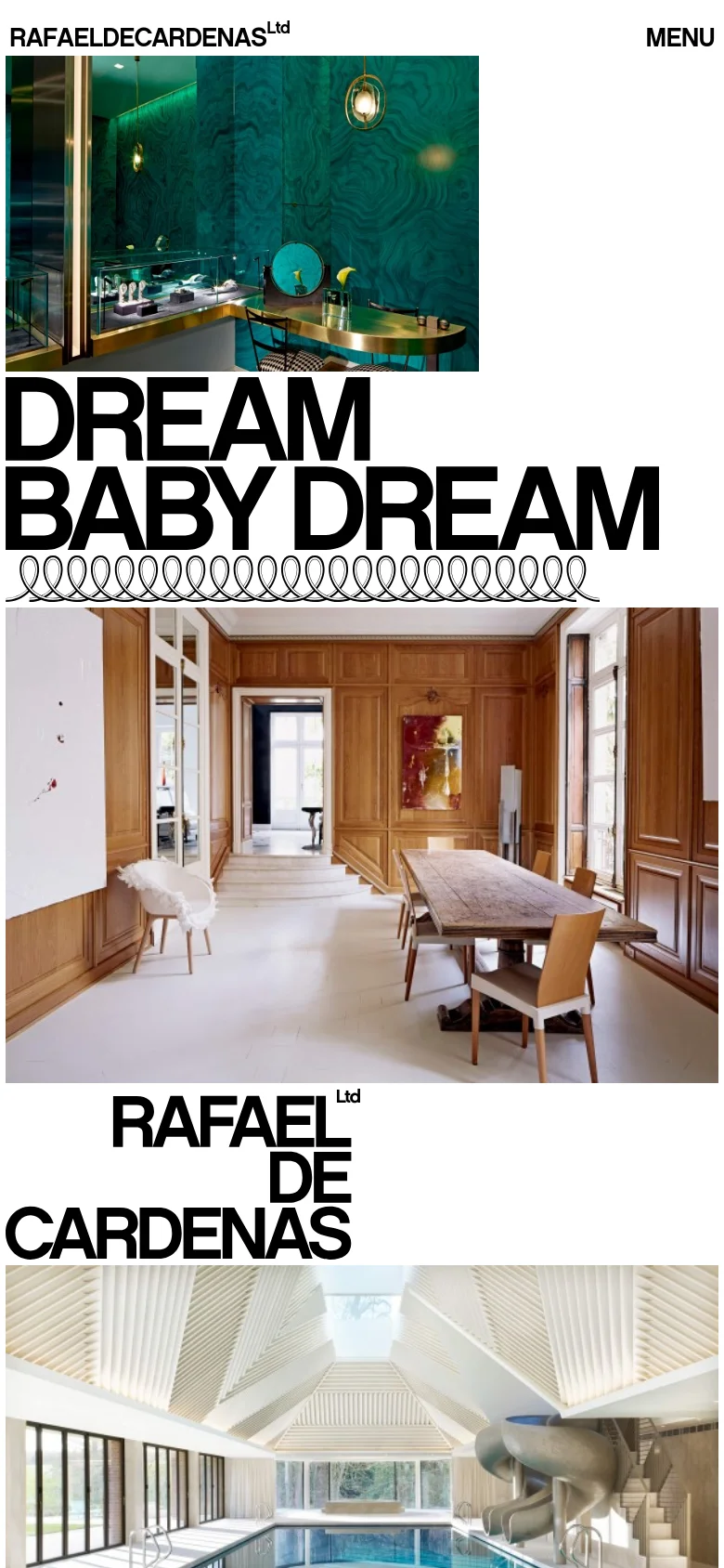 The mobile version maintains the minimalist aesthetic but stacks the content vertically for a single-column scroll. The navigation is condensed into a 'MENU' button at the top right, and the large architectural images and bold typography are scaled to fit the narrower screen width.