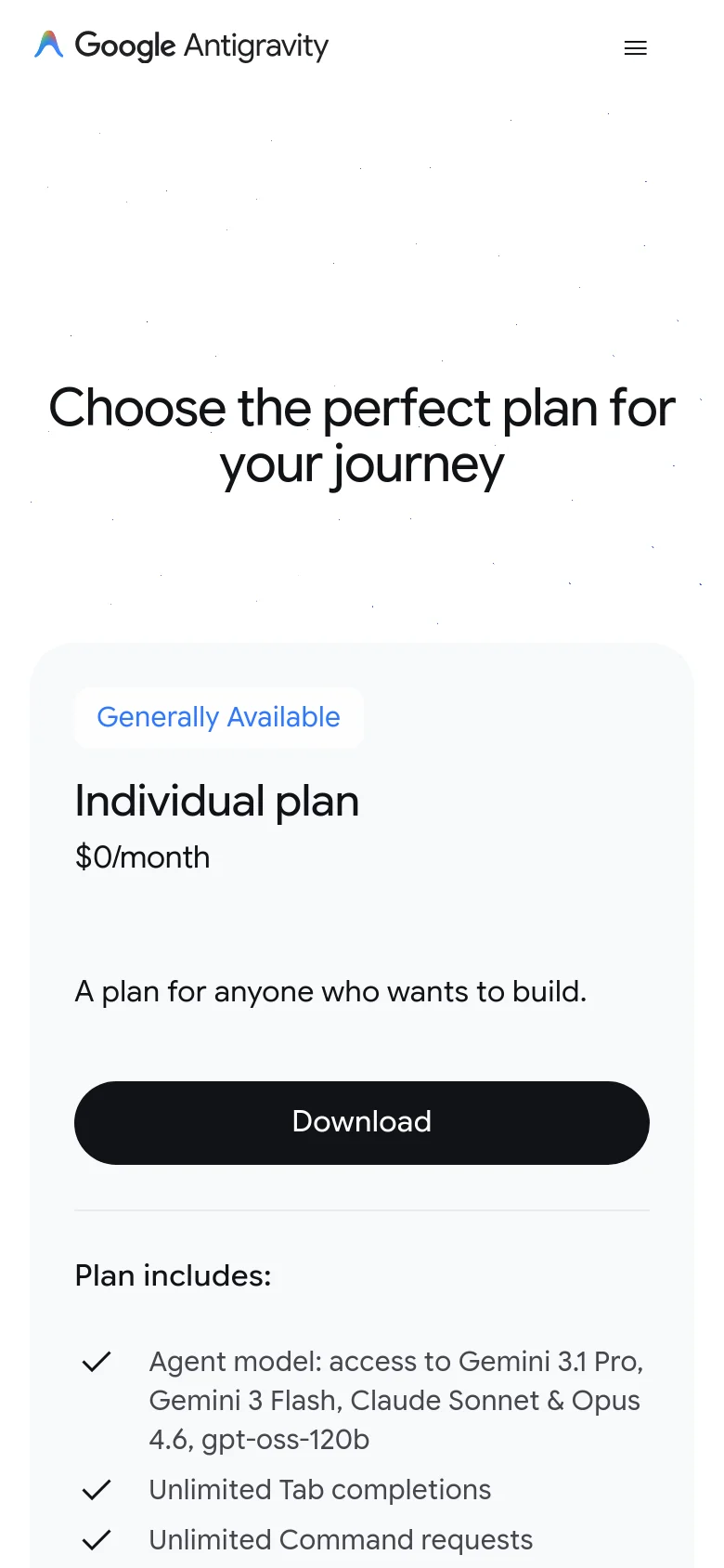 The mobile version presents a vertically stacked layout on a white background with dark speckles. The headline 'Choose the perfect plan for your journey' appears at the top, followed by individual pricing cards that span the width of the screen, starting with the 'Generally Available' Individual plan which includes a prominent black 'Download' button.
