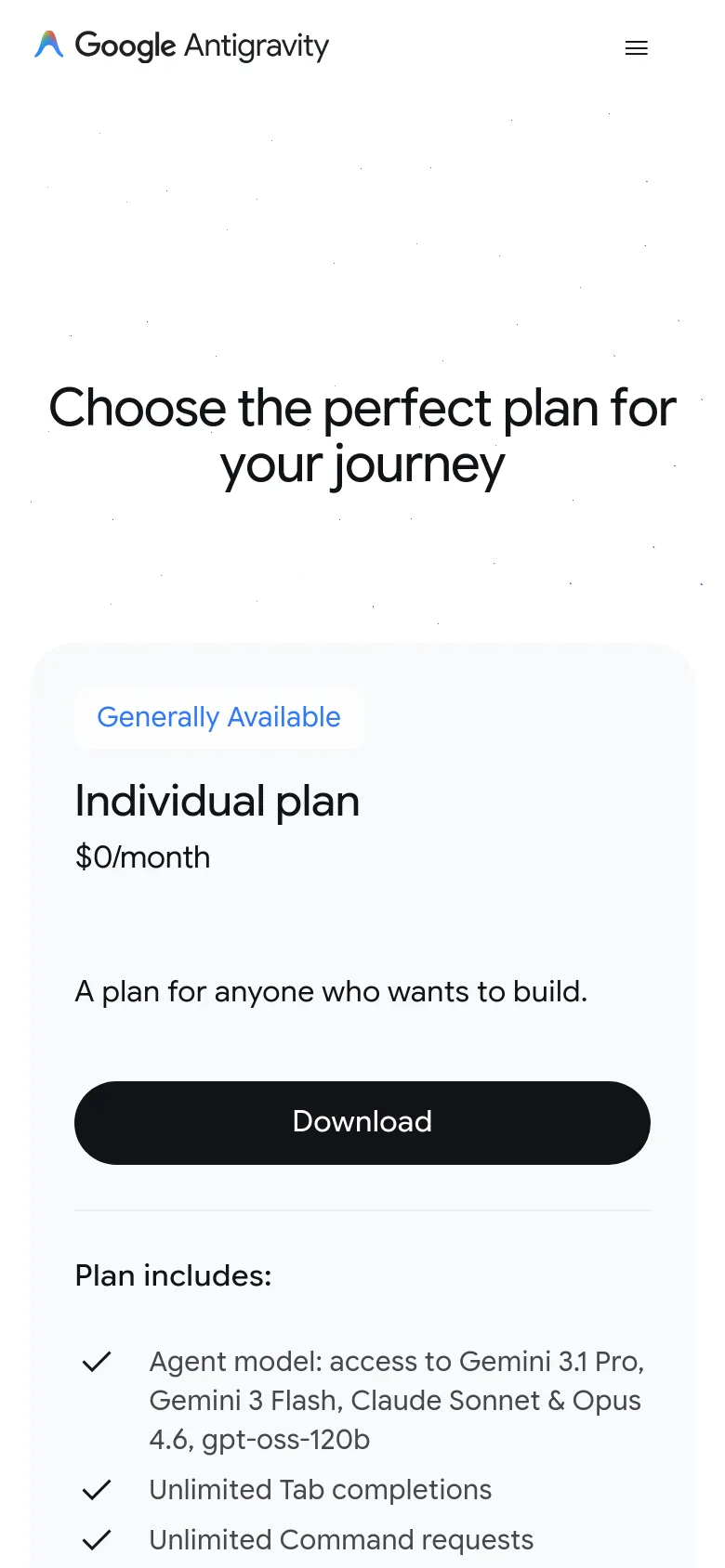 The mobile version presents a vertically stacked layout on a white background with dark speckles. The headline 'Choose the perfect plan for your journey' appears at the top, followed by individual pricing cards that span the width of the screen, starting with the 'Generally Available' Individual plan which includes a prominent black 'Download' button.