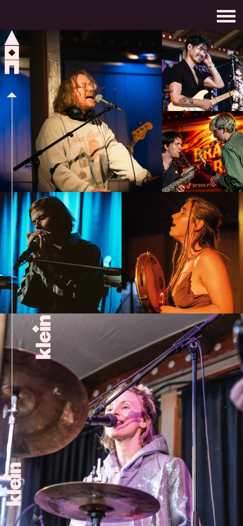 The mobile version presents a vertically stacked layout of the musician collage, prioritizing large-scale imagery. The navigation menu is collapsed into a hamburger icon at the top right, and the 'klein' branding is oriented vertically along the left edge of the screen.