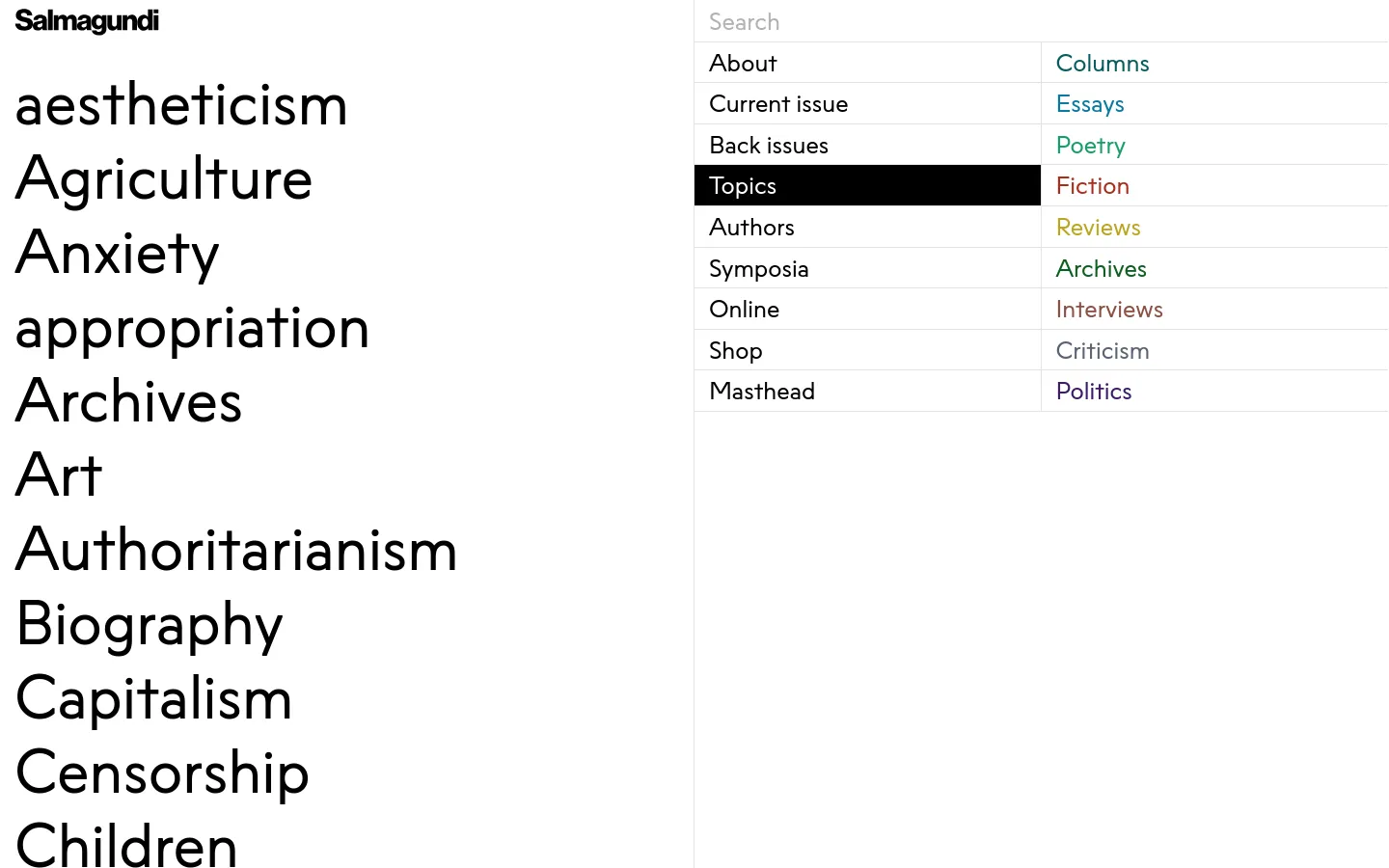 The desktop version of the Salmagundi Topics page features a minimalist design with a white background and black text. A two-column navigation menu at the top provides links to site sections like About, Current issue, and Topics, while the main content area displays a large, alphabetical list of topic headings in a bold serif font.