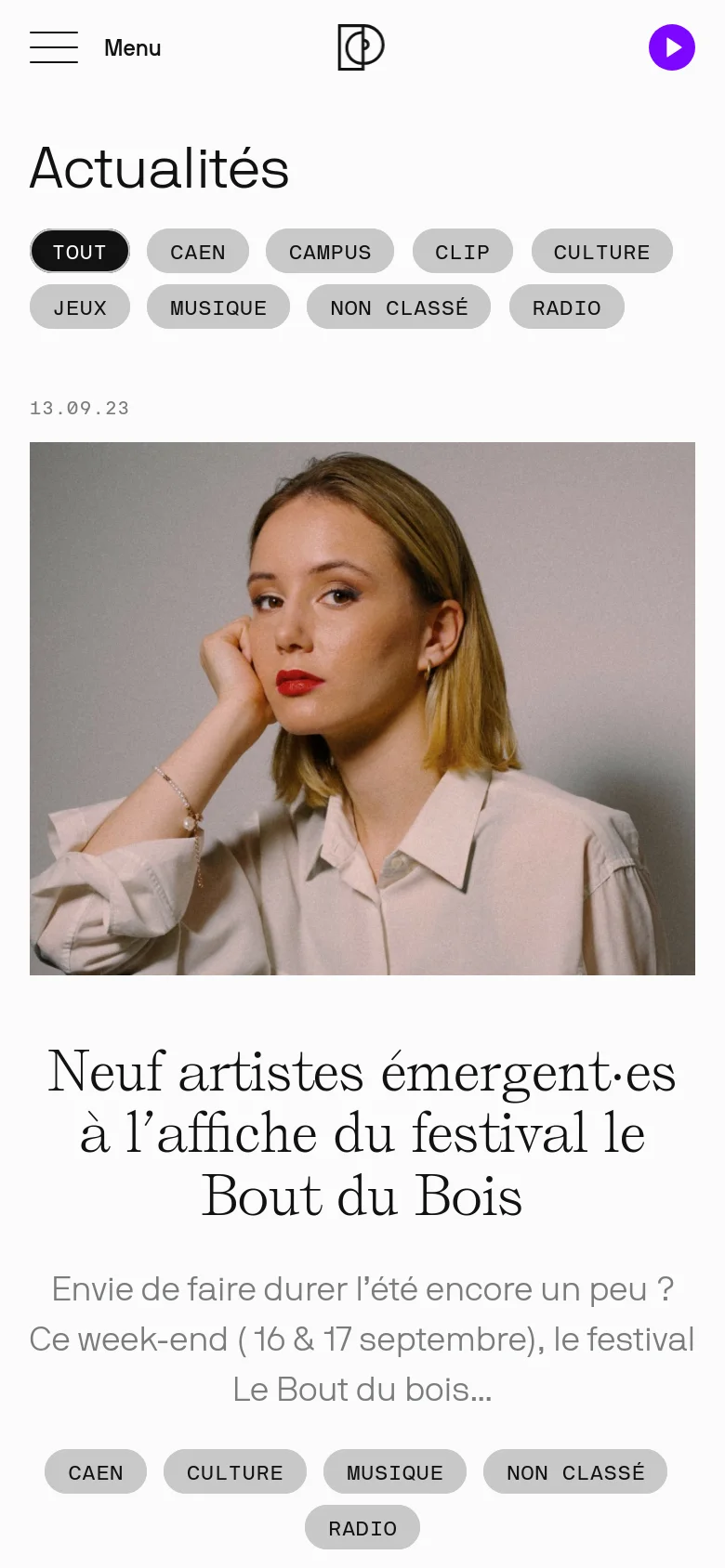 The mobile version maintains the white minimalist aesthetic but uses a vertical stack for the header and navigation. The category filters are arranged in multiple wrapping rows of pill-shaped buttons. The news content shifts to a single-column layout, featuring a large hero image followed by a prominent headline and text excerpt for each article.