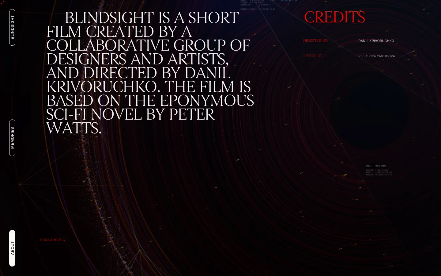 The desktop About page features a dark, cinematic background with concentric glowing red and orange circular lines. Large white serif typography describes the Blindsight film project, with a 'Disclaimer' link at the bottom left and a vertical navigation menu on the far left edge.