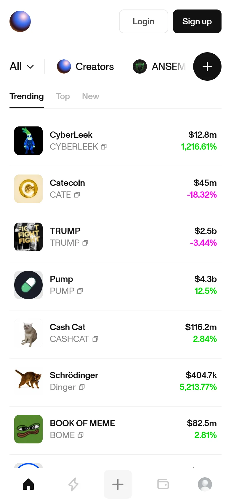 The mobile version presents a simplified vertical feed of posts with large imagery and interaction buttons like 'Buy' and 'Add a comment'. The navigation is moved to a bottom tab bar featuring home, trending, a central plus icon for creating, a wallet icon, and a profile icon. The layout is optimized for single-column scrolling on a narrow screen.