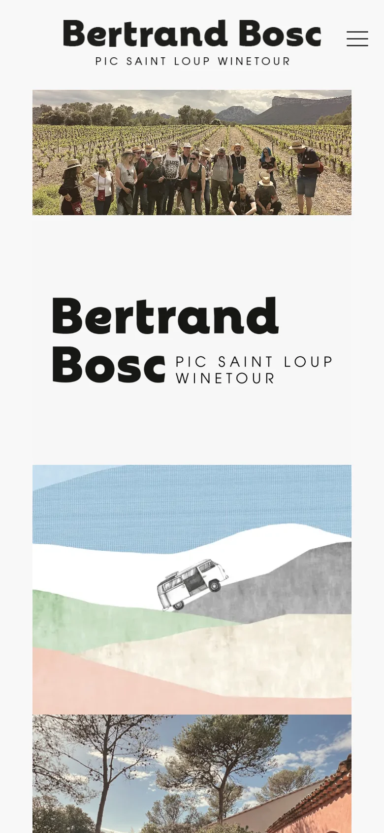 The mobile version presents a simplified layout with a centered logo and a hamburger menu icon for navigation. The content follows a vertical stack of large, full-width images depicting wine tours, food, and landscapes, maintaining the same earthy and scenic visual theme as the desktop version.