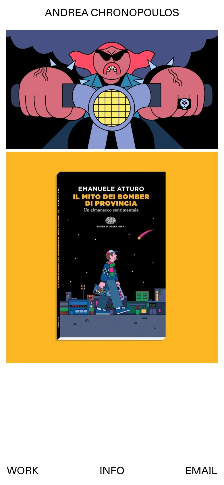 The mobile version simplifies the layout, moving the navigation links WORK, INFO, and EMAIL to a bottom row. The central content remains the same, featuring the large pink character illustration and the book cover on a yellow background, but scaled for a vertical screen.