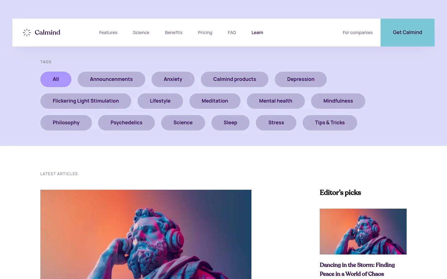 The Calmind blog page features a clean, minimalist layout with a light lavender header and white body. A navigation bar at the top includes links for Features, Science, Benefits, Pricing, FAQ, and Learn, alongside a prominent 'Get Calmind' call-to-action button. Below the header, a 'TAGS' section displays rounded, light purple buttons for various topics like Anxiety and Meditation, followed by a 'LATEST ARTICLES' section showcasing large featured images and headlines.