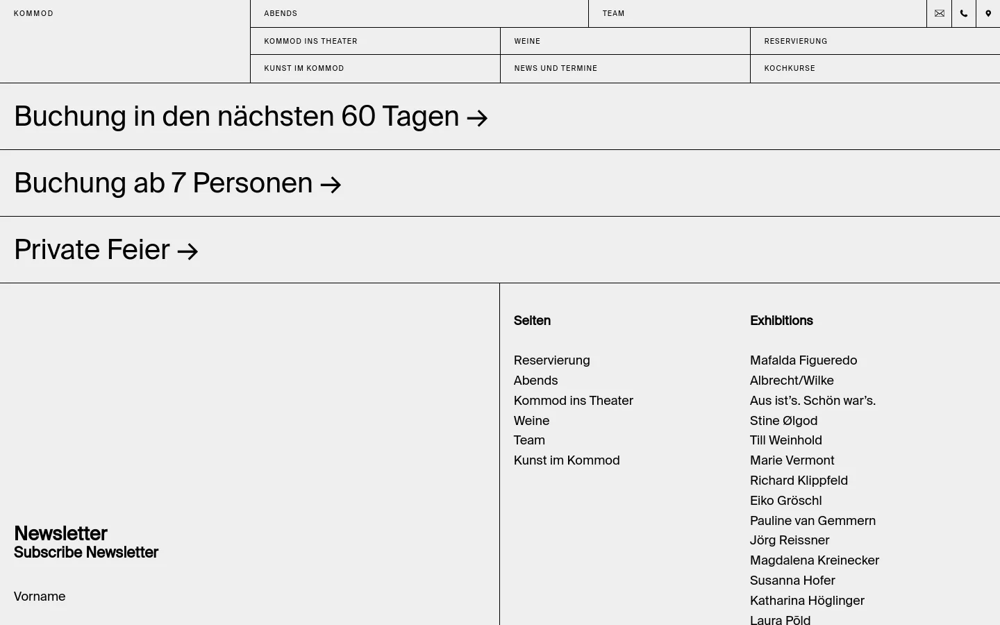 The desktop reservation page features a minimalist white background with large, black sans-serif headings acting as navigation links: 'Buchung in den nächsten 60 Tagen', 'Buchung ab 7 Personen', and 'Private Feier'. A multi-column footer contains site navigation links under 'Selten' and 'Exhibitions', alongside a newsletter subscription form on the left.