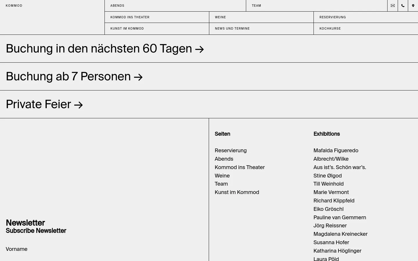 The desktop reservation page features a minimalist white background with large, black sans-serif headings acting as navigation links: 'Buchung in den nächsten 60 Tagen', 'Buchung ab 7 Personen', and 'Private Feier'. A multi-column footer contains site navigation links under 'Selten' and 'Exhibitions', alongside a newsletter subscription form on the left.