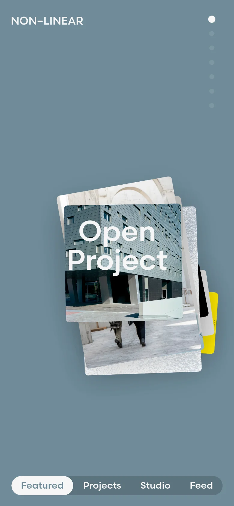 The mobile version maintains the slate-blue color scheme and 'Open Project' headline but repositions the layout for a vertical screen. The stack of project images is centered in the middle of the viewport, and the navigation menu is moved to a pill-shaped bar at the bottom of the screen.